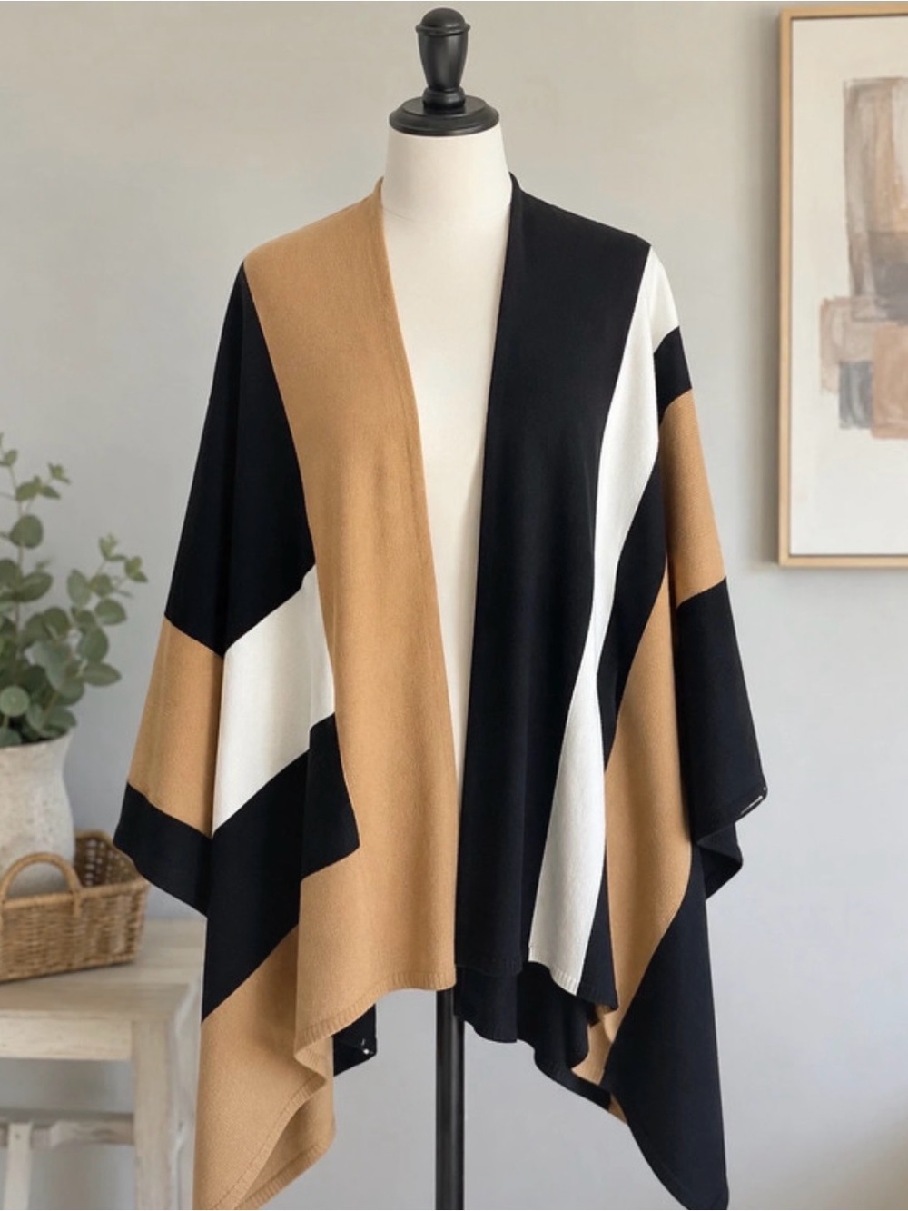 Colorblock Open-Front Poncho Sweater - Black, White & Camel